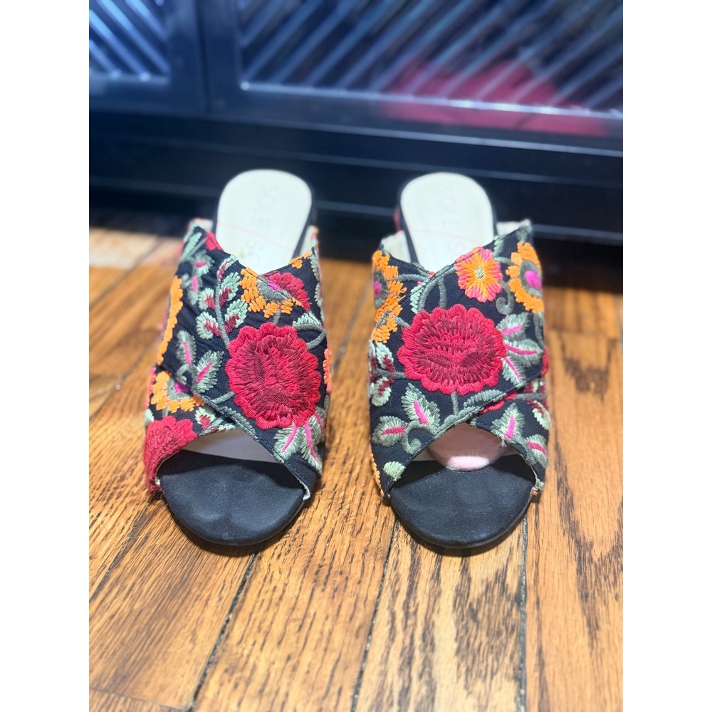 Sole Society Floral Embroidered Mules Women 8 Black Multi Good Boho Block Heel